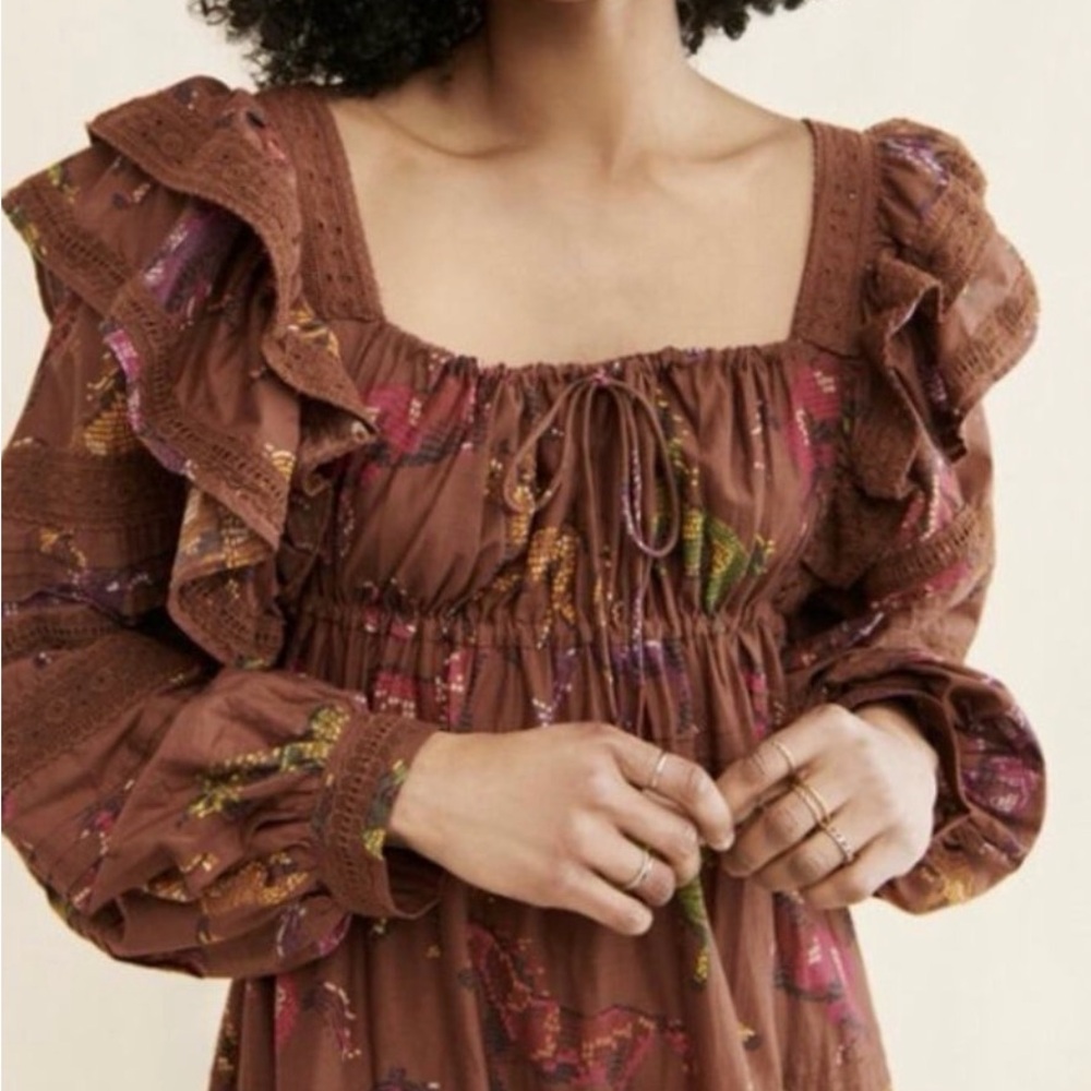 FARM Rio Brown Floral Ruffle-Sleeve Mini Dress - Picture 3 of 6